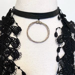 Handmade Hammered Brass Circle on Black Leather Choker